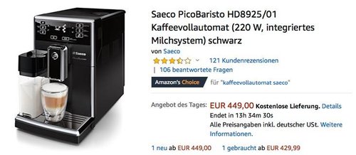 Saeco PicoBaristo HD8925/01 Kaffeevollautomat in Schwarz - jetzt 23% billiger Saeco PicoBaristo HD8925/01 Kaffeevollautomat in Schwarz - jetzt 23% billiger