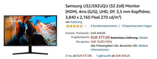 Samsung U32J592UQU (32 Zoll) UHD-Monitor - jetzt 15% billiger
