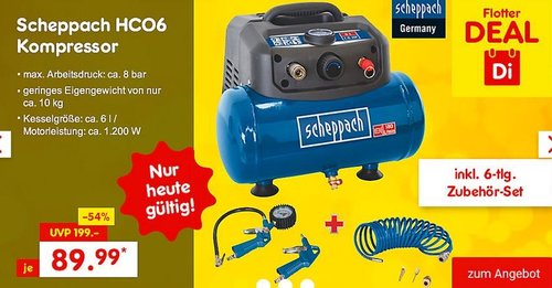 Scheppach HC06 Kompressor inkl. 6-tlg. Zubehör-Set - jetzt 35% billiger