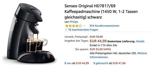Senseo Original HD7817/69 Kaffeepadmaschine in Schwarz - jetzt 21% billiger