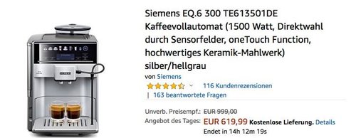 Siemens EQ.6 300 TE613501DE Kaffeevollautomat 1500 Watt - jetzt 11% billiger
