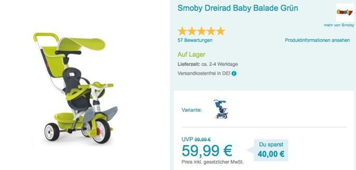 Smoby Dreirad Baby Balade in Grün - jetzt 14% billiger Smoby Dreirad Baby Balade in Grün - jetzt 14% billiger