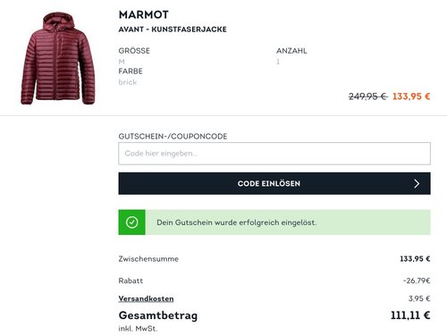 SportScheck.com extra 20 % Rabatt auf ausgewählte Jacken, Mänteln und Parkas: z.B. Marmot Avant - Herren Kunstfaserjacke in Brick - jetzt 19% billiger SportScheck.com extra 20 % Rabatt auf ausgewählte Jacken, Mänteln und Parkas: z.B. Marmot Avant - Herren Kunstfaserjacke in Brick - jetzt 19% billiger