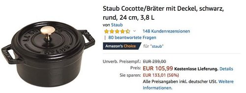 Staub Cocotte/Bräter mit Deckel, 24 cm rund, 3,8 L in Schwarz - jetzt 18% billiger Staub Cocotte/Bräter mit Deckel, 24 cm rund, 3,8 L in Schwarz - jetzt 18% billiger