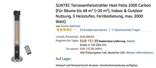 SUNTEC Terrassenheizstrahler Heat Patio 2000 Carbon - jetzt 20% billiger SUNTEC Terrassenheizstrahler Heat Patio 2000 Carbon - jetzt 20% billiger
