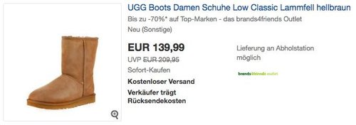 UGG Boots Damen Schuhe Low Classic Lammfell in Hellbraun - jetzt 7% billiger