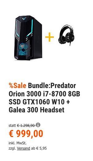 Acer Predator Orion 3000 (i7-8700, 8GB, 1,128 TB SATA+SSD, GTX1060, W10) Gaming-PC inkl. Galea 300 Gaming-Headset - jetzt 14% billiger