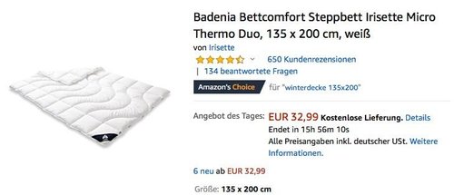 Badenia Bettcomfort Steppbett Irisette Micro Thermo Duo Decke, 135 x 200 cm - jetzt 21% billiger