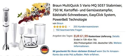 Braun MultiQuick 5 Vario MQ 5037 Stabmixer inkl. Kartoffel- und Gemüsestampfer - jetzt 22% billiger Braun MultiQuick 5 Vario MQ 5037 Stabmixer inkl. Kartoffel- und Gemüsestampfer - jetzt 22% billiger