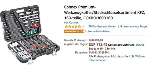 Connex KFZ Premium-Werkzeugkoffer/Steckschlüsselsortiment, 160-teilig - jetzt 21% billiger Connex KFZ Premium-Werkzeugkoffer/Steckschlüsselsortiment, 160-teilig - jetzt 21% billiger