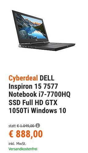 DELL INSPIRON 15 7577 Notebook mit 15.6 Zoll Display, Core i7 Prozessor, 8 GB RAM, GTX 1050Ti, Windows 10 - jetzt 13% billiger DELL INSPIRON 15 7577 Notebook mit 15.6 Zoll Display, Core i7 Prozessor, 8 GB RAM, GTX 1050Ti, Windows 10 - jetzt 13% billiger