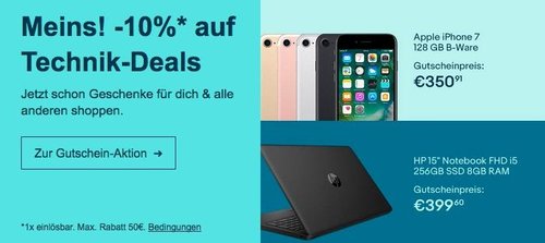 Ebay - 10% Rabatt auf ausgewählte Technik: z.B. HP 15-da0403ng Notebook ( i5, 256GB SSD, 8 GB RAM, ohne Windows) - jetzt 10% billiger