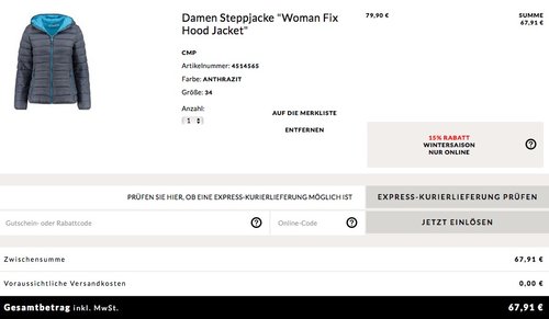 Engelhorn - 15% Extra-Rabatt auf ausgewählte Wintersaison-Artikel: z.B. CMP Damen Steppjacke "Woman Fix Hood Jacket" in Anthrazit, Rot oder Aqua Engelhorn - 15% Extra-Rabatt auf ausgewählte Wintersaison-Artikel: z.B. CMP Damen Steppjacke "Woman Fix Hood Jacket" in Anthrazit, Rot oder Aqua