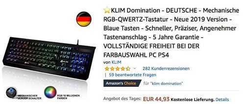 KLIM Domination - Mechanische RGB-QWERTZ-Tastatur - jetzt 17% billiger