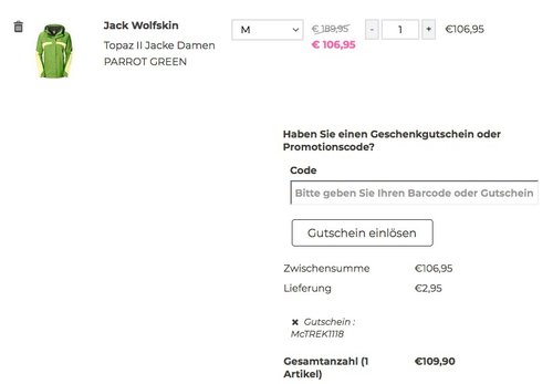 McTREK.de - 23 Gutschein ab 123 Einkaufswert: z.B. Jack Wolfskin Topaz II Damen Wetterschutzjacke - jetzt 17% billiger