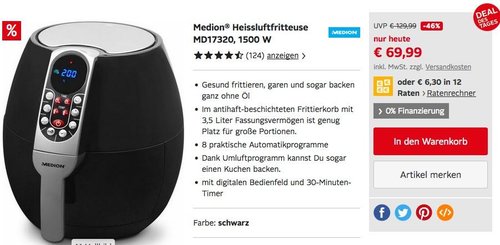 Medion® Heißluftfritteuse MD17320, 1500 W - jetzt 20% billiger Medion® Heißluftfritteuse MD17320, 1500 W - jetzt 20% billiger