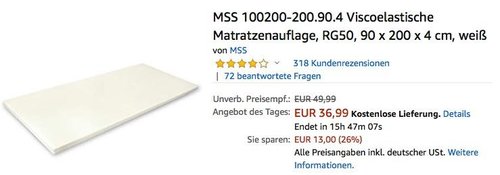 MSS Viscoelastische Matratzenauflage RG50, 90 x 200 x 4 cm, weiß - jetzt 26% billiger MSS Viscoelastische Matratzenauflage RG50, 90 x 200 x 4 cm, weiß - jetzt 26% billiger