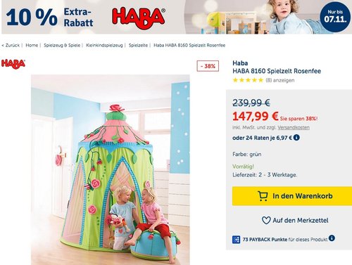 myToys.de 10% Extra-Rabatt auf HABA: z.B. HABA 8160 - Spielzelt Rosenfee - jetzt 10% billiger