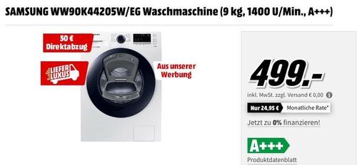 SAMSUNG WW90K44205W/EG Waschmaschine (9 kg, 1400 U/Min., A+++) - jetzt 10% billiger