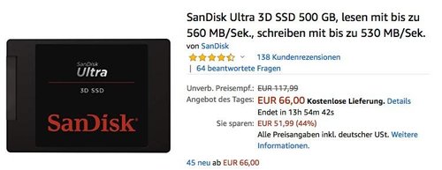 SanDisk Ultra 3D 500 GB interne SSD-Festplatte - jetzt 20% billiger
