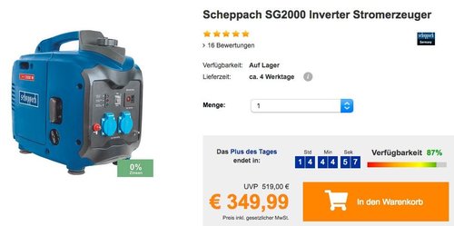 Scheppach SG2000 Inverter Stromerzeuger (max. 2.000 W Abgabeleistung) - jetzt 5% billiger Scheppach SG2000 Inverter Stromerzeuger (max. 2.000 W Abgabeleistung) - jetzt 5% billiger