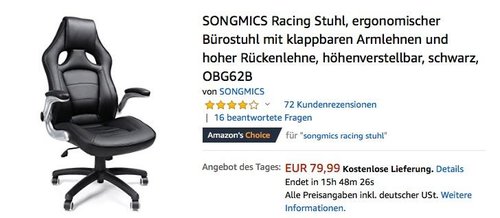 SONGMICS Racing Stuhl/Bürostuhl mit klappbaren Armlehnen, Schwarz (OBG62B) - jetzt 20% billiger