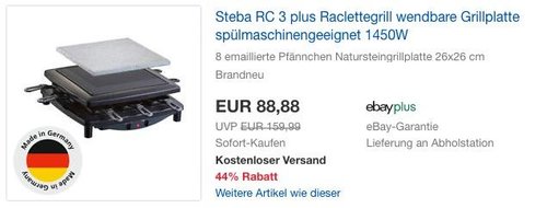 Steba RC 3 Plus Raclettegrill 1450W - jetzt 12% billiger