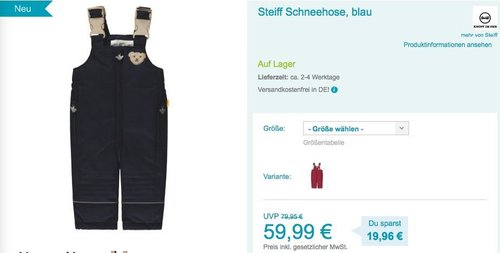 Steiff Kinder-Schneehose in Rot oder Blau, Gr. 80-104 - jetzt 25% billiger