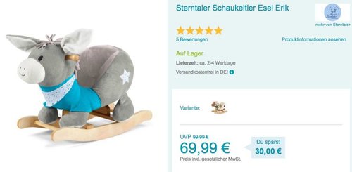 Sterntaler Schaukeltier Esel Erik oder Schaf Stanley - jetzt 12% billiger Sterntaler Schaukeltier Esel Erik oder Schaf Stanley - jetzt 12% billiger