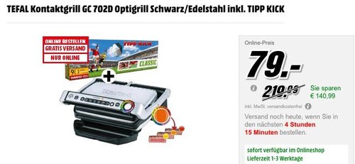 TEFAL Kontaktgrill GC 702D Optigrill Schwarz/Edelstahl inkl. TIPP KICK - jetzt 21% billiger TEFAL Kontaktgrill GC 702D Optigrill Schwarz/Edelstahl inkl. TIPP KICK - jetzt 21% billiger