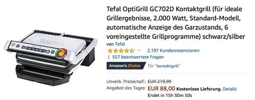 Tefal OptiGrill GC702D Elektro-Kontaktgrill 2.000 Watt - jetzt 11% billiger