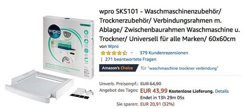 wpro SKS101 - Zwischenbaurahmen Waschmaschine u. Trockner mit Ablage - jetzt 15% billiger wpro SKS101 - Zwischenbaurahmen Waschmaschine u. Trockner mit Ablage - jetzt 15% billiger