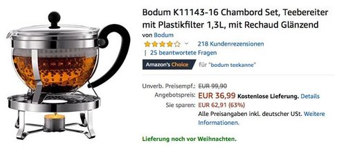 Bodum K11143-16 Chambord Set, Teebereiter mit Plastikfilter 1,3L mit Rechaud - jetzt 17% billiger