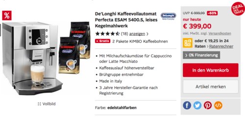 De'Longhi Perfecta ESAM 5400 Kaffeevollautomat inkl. 2 Pakete KIMBO Kaffeebohnen - jetzt 13% billiger De'Longhi Perfecta ESAM 5400 Kaffeevollautomat inkl. 2 Pakete KIMBO Kaffeebohnen - jetzt 13% billiger