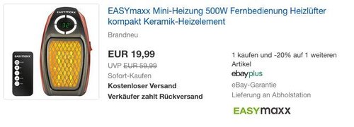 EASYmaxx Mini-Heizung 500W mit Fernbedienung - jetzt 20% billiger EASYmaxx Mini-Heizung 500W mit Fernbedienung - jetzt 20% billiger