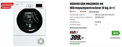 HOOVER GDX H9A2DKEX-84 Wärmepumpentrockner (9 kg, A++) - jetzt 9% billiger HOOVER GDX H9A2DKEX-84 Wärmepumpentrockner (9 kg, A++) - jetzt 9% billiger