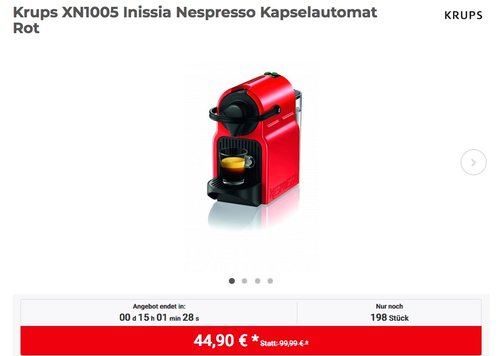 Krups XN1005 Inissia Nespresso Kaffeekapselmaschine Rot mit 14 Kapseln - jetzt 24% billiger Krups XN1005 Inissia Nespresso Kaffeekapselmaschine Rot mit 14 Kapseln - jetzt 24% billiger