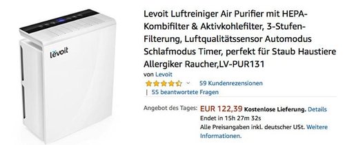 Levoit Luftreiniger mit HEPA-Kombifilter & Aktivkohlefilter (LV-PUR131) - jetzt 28% billiger Levoit Luftreiniger mit HEPA-Kombifilter & Aktivkohlefilter (LV-PUR131) - jetzt 28% billiger
