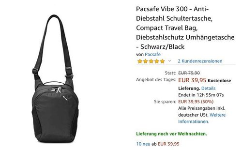 Pacsafe Vibe 300 - Anti-Diebstahl Schultertasche, 12 Liter Pacsafe Vibe 300 - Anti-Diebstahl Schultertasche, 12 Liter