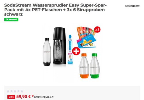 SodaStream Wassersprudler Easy Super-Spar-Pack mit 4x PET-Flaschen + 3x 6 Sirupproben - jetzt 14% billiger SodaStream Wassersprudler Easy Super-Spar-Pack mit 4x PET-Flaschen + 3x 6 Sirupproben - jetzt 14% billiger