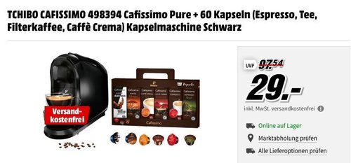 Tchibo Cafissimo Pure Kaffeekapselmaschine inkl. 60 Kapseln (Espresso, Tee, Filterkaffee, Caffè Crema) - jetzt 26% billiger