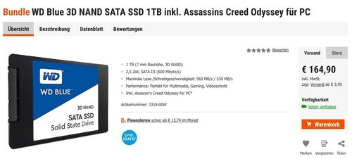 WD Blue 3D NAND SATA SSD 1TB Festplatte inkl. Code für Assassins Creed Odyssey PC - jetzt 7% billiger