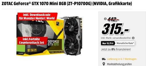 ZOTAC GeForce® GTX 1070 Mini 8GB (ZT-P10700G) Grafikkarte inkl. Downloadcode für MonsterHunter: World und Fortnite Counterattack Set - jetzt 25% billiger ZOTAC GeForce® GTX 1070 Mini 8GB (ZT-P10700G) Grafikkarte inkl. Downloadcode für MonsterHunter: World und Fortnite Counterattack Set - jetzt 25% billiger