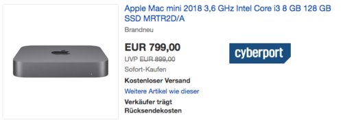 Apple Mac mini 2018 MRTR2D/A (3,6 GHz Intel Core i3, 8 GB RAM, 128 GB SSD) Apple Mac mini 2018 MRTR2D/A (3,6 GHz Intel Core i3, 8 GB RAM, 128 GB SSD)