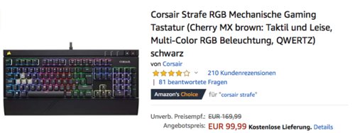 Corsair STRAFE RGB Mechanische Gaming Tastatur "Cherry MX Brown" Corsair STRAFE RGB Mechanische Gaming Tastatur "Cherry MX Brown"