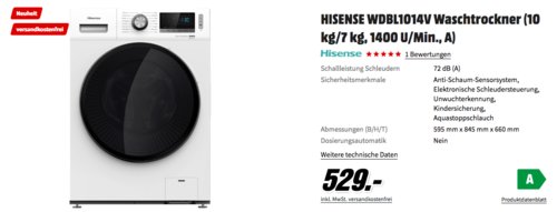 HISENSE WDBL1014V Waschtrockner (10 kg/7 kg, 1400 U/Min., A)) - jetzt 12% billiger HISENSE WDBL1014V Waschtrockner (10 kg/7 kg, 1400 U/Min., A)) - jetzt 12% billiger