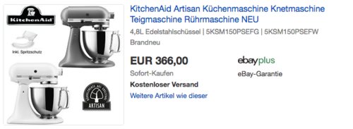 KitchenAid Artisan 300W Küchenmaschine  4,8 L inkl. Spritzschutz, Grau oder Weiß - jetzt 8% billiger