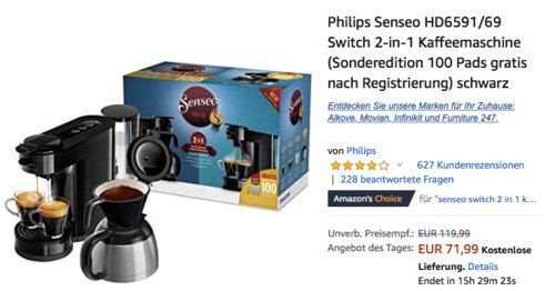 Philips Senseo HD6591/69 Switch 2-in-1 Kaffeemaschine - jetzt 18% billiger