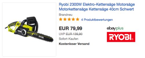 Ryobi RCS2340 Elektro-Kettensäge 2300W, 40cm Schwert Ryobi RCS2340 Elektro-Kettensäge 2300W, 40cm Schwert