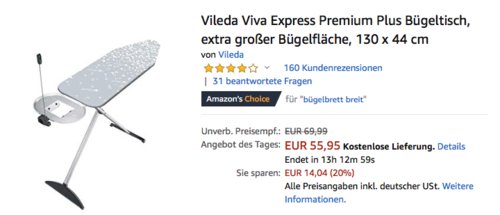 Vileda Viva Express Premium Plus Bügeltisch, 130 x 44 cm - jetzt 19% billiger Vileda Viva Express Premium Plus Bügeltisch, 130 x 44 cm - jetzt 19% billiger